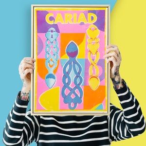 Cariad Love Risograph A3 Print // Love Spoons Welsh Print // Welsh Wall Art