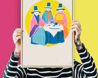 Puede incluir: Una ilustración enmarcada de tres mujeres con sombreros y ropa colorida, sentadas alrededor de una mesa con tazas de té y una tetera. El fondo es un círculo amarillo sobre un fondo blanco.
