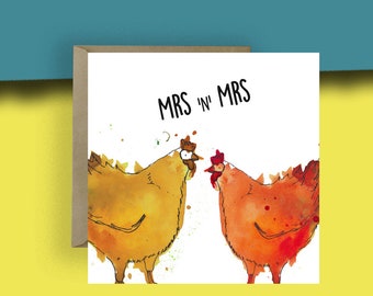 Wedding Chicken Card // Mrs and Mrs Chicken and Cockerel Greeting Cards// Bird Cards // Illustrated Card // Animal Card