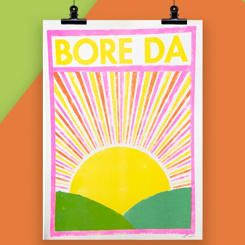 Bore Da Risograph A3 Print // Good Morning Welsh Print // Welsh Wall Art image 2