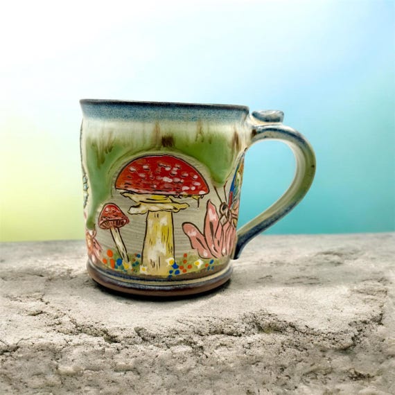 Mushroom mug, butterfly mug, handmade, Coffee Cup, coffee mug, cocoa cup, birthday gift, mom gift, butterfly lover, mushroom lover, dad gift