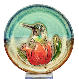 Kuchenteller, Dessertteller, Löffelablage, handgemacht, Vogelliebhaber, Geburtstag, Muttergeschenk, Steinzeug, handbemalt, Kolibri