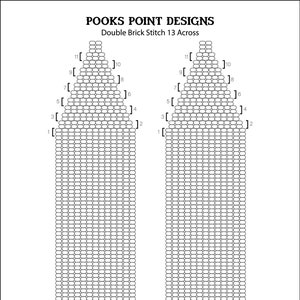 Może przedstawiać: Czarno-biały diagram dwóch szablonów kolczyków. Tekst brzmi "POOKS POINT DESIGNS Double Brick Stitch 13 Across." Diagram jest ponumerowany i zawiera tekst "Earring template to be used for original work and never for copying another artists designs."