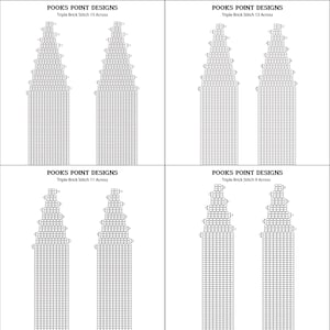 Peut inclure: Quatre diagrammes du motif Triple Brick Stitch, chacun avec un nombre différent de points : 15, 13, 11 et 9. Les diagrammes sont étiquetés "POOKS POINT DESIGNS". Chaque diagramme montre un motif de point de brique.