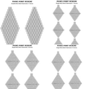 May include: Diagrams of diamond-shaped beadwork patterns. The image includes patterns for double brick stitch and single brick stitch, with variations in the number of beads across. Text at the top reads "POOKS POINT DESIGNS".