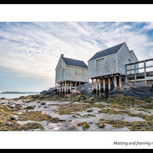 May include: Two white wooden houses on stilts on a rocky shore with seaweed and sand. The sky is blue with white clouds.