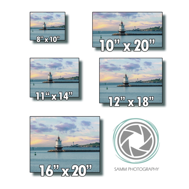 May include: A photograph of a lighthouse on a rocky outcropping with a body of water in the foreground. The sky is a soft blue with pink and purple clouds. The lighthouse is white with a black roof and a red light at the top. The image is available in various sizes, including 8x10 inches, 10x20 inches, 11x14 inches, 12x18 inches, and 16x20 inches.