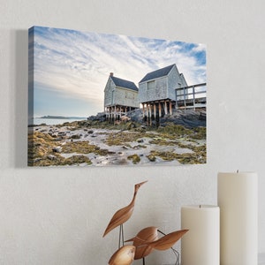 May include: Two white wooden houses on stilts over a rocky shoreline with green seaweed and a blue sky with white clouds.