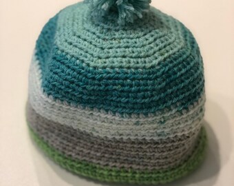 Green, blue, gray crocheted beanie