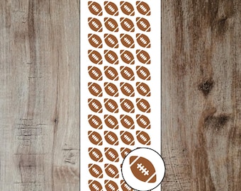 May include: A rectangular white sheet featuring a repeating pattern of brown American football icons with white laces. The text BDdesignCo is printed in red and black at the top. A circular inset at the bottom right shows a single football icon.