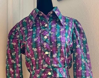Vintage Blouse Puff Sleeves cropped handmade extra small purple/green plaid