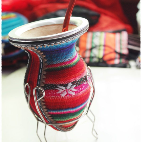 Mate Gourd covered with traditional Andean textile Aguayo Fabric & metalic virola and base