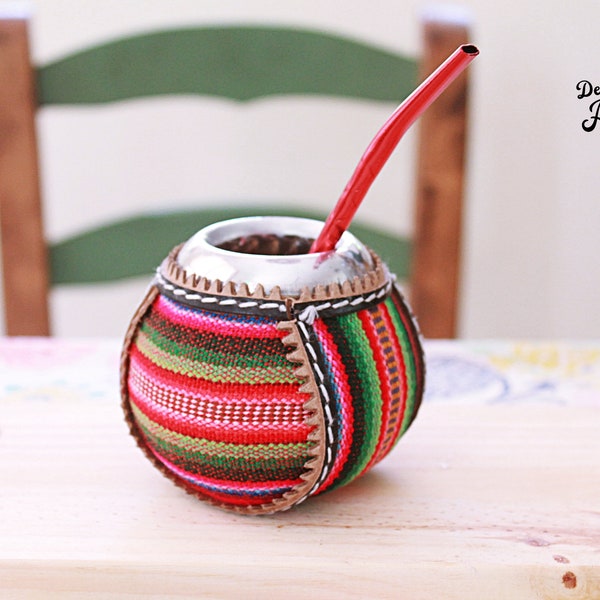 Aguayo Mate Gourd covered with traditional Andean textile Aguayo Fabric & metalic virola Multicolor. Argentinian Gifts Mate drink