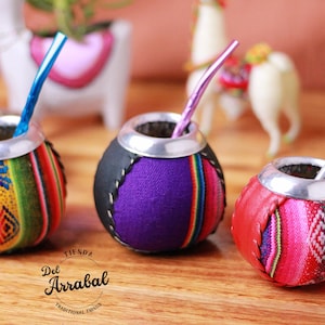 Traditional Mate Gourd covered with traditional Andean textile Aguayo Fabric, Genuine Leather & metalic virola. Argentinian Gift natural