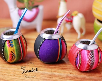 Traditional Mate Gourd covered with traditional Andean textile Aguayo Fabric, Genuine Leather & metalic virola. Argentinian Gift natural
