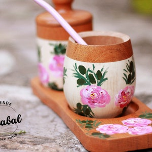 Yerba Mate Set of hand-painted carob tree wooden mate cup yerbera and table. Limited Edition Floral ecru color. Mate drink Gift Argentina