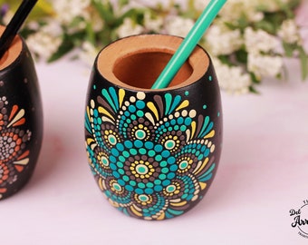 Mandalas Wooden mate cup Dot Art painted. Limited Edition. Color to Choice. Mate drink Gift hippie art yoga. Argentinian Mate Arty Lovers