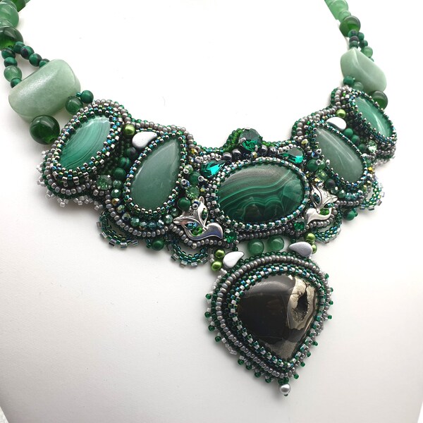 Embroidered Green Natural Malachite Simbircite Necklace/OOAK Necklace/Big Party Necklace/Statement Necklace