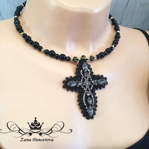 Gothic Black Cross Choker – Handmade Beaded Necklace with Crystals & Rhinestones