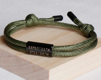 Verborgen berichtenarmband heren, op maat gemaakt touwkoord met gegraveerde roestvrijstalen staaf