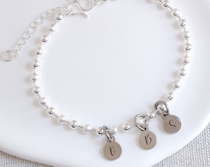 Sterling Silver Initial Charm Bracelet, Personalized Dainty Letter Bracelet for Women