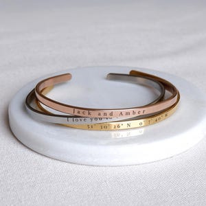 Personalised engraved cuff (unisex) - custom message or coordinates bangle for him & her (anniversary gift)