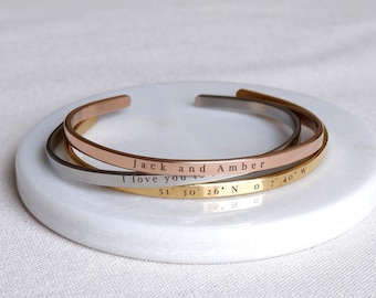 Personalised engraved cuff (unisex) - custom message or coordinates bangle for him & her (anniversary gift)