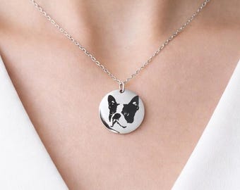 Custom Pet Photo Necklace, Engraved Dog Cat Pendant, Personalized Pet Portrait Jewelry, Pet Memorial Gift