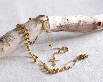 Virgin Mary Rosary Necklace – Metal Beads, Gold Crucifix, Our Virgin Mary Medal, Handmade Catholic Gift