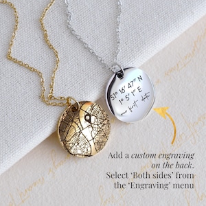 Custom coordinates necklace with engraved text on back of round pendant