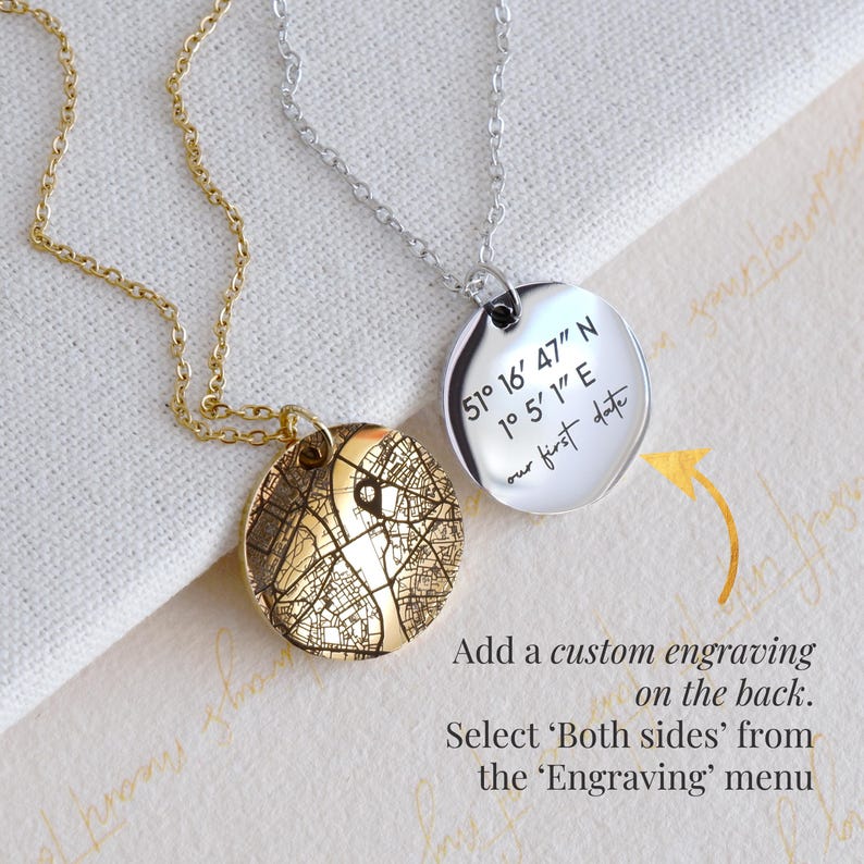 Custom coordinates necklace with engraved text on back of round pendant