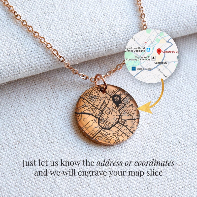 Personalised necklace showing custom map engraving based on your chosen location