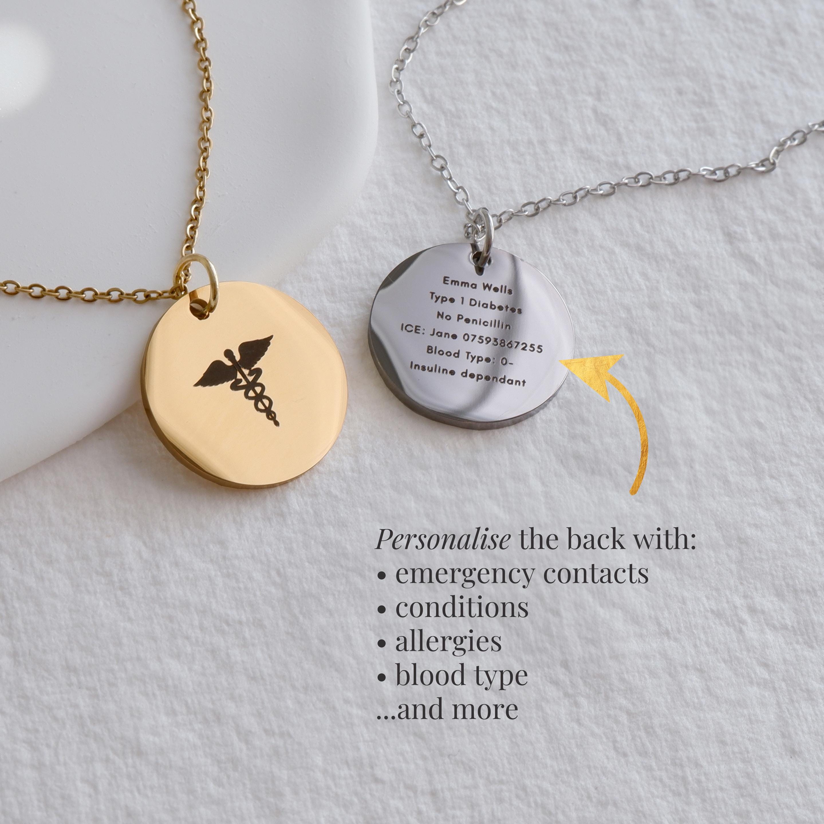 Medical Alert Necklace – Custom Engraved ID Tag for Diabetic, Allergy ...