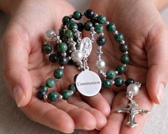 Personalized Connemara Marble Rosary Beads • Irish Celtic Cross Rosary with Name • Catholic First Communion Gift • Baptism Gift for Boy