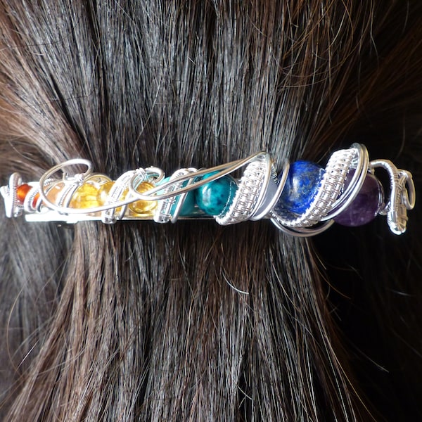 Barrette à cheveux arc-en-ciel, barrette à cheveux licorne, épingle a cheveux, licorne, arc-en-ciel, chakra, améthyste, cyanite, opalite