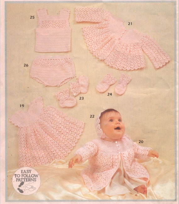 ~ Beautiful Baby Sweater Cap Bootees /& Mittens Reproduction Crochet Pattern ~
