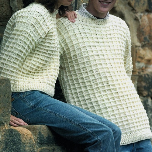 Hers Aran Sweater Waffle Stitch Crochet 