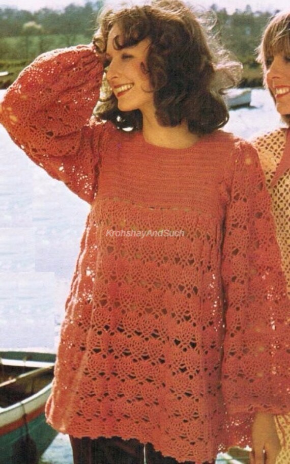 CROCHET PATTERN Copy To Make LADYS LACY SMOCK TOP TUNIC with LONG SLEEVES 32-36/"