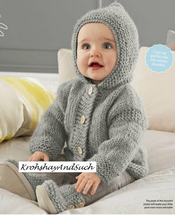 Baby Hooded Jacket & Booties, Chunky Easy Knit, Knitting Pattern. PDF…
