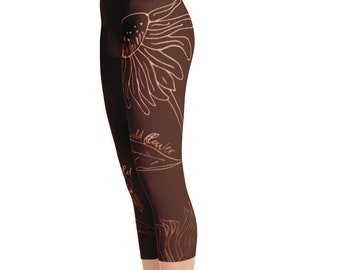 Dandelion, Yoga Pants, Yoga Leggings, Printed Leggings, Leggings Women, Fall, Coffee, Copper, Wildflower, Yoga Capri Leggings