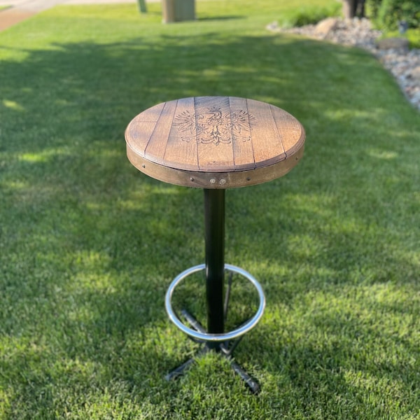 Personalized Bourbon Barrel Pub Table – 42” Custom Engraved Whiskey Barrel Bar Table