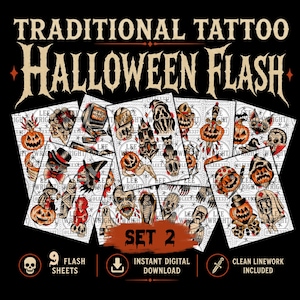 May include: A collection of nine digital tattoo flash sheets featuring traditional Halloween imagery including pumpkins, skulls, ghosts, and monsters. The text reads TRADITIONAL TATTOO HALLOWEEN FLASH and SET 2, with icons for 9 flash sheets and download.