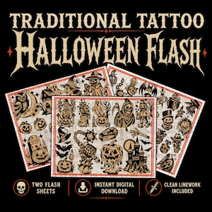 May include: A collection of traditional tattoo Halloween flash art sheets featuring black and beige illustrations of pumpkins, ghosts, skulls, bats, witches, and haunted houses. The text reads TRADITIONAL TATTOO HALLOWEEN FLASH, TWO FLASH SHEETS, INSTANT DIGITAL DOWNLOAD, and CLEAN LINEWORK INCLUDED.