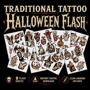 Puede incluir: Una colección de nueve hojas digitales con diseños de tatuajes tradicionales de Halloween. Los dibujos incluyen calaveras, calabazas, fantasmas, brujas, murciélagos y dagas con contornos negros marcados. El texto dice TRADITIONAL TATTOO HALLOWEEN FLASH.