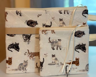 Cotton Travel Bag Set: Zippered Cosmetic Pouches, Cat Print, Floral, Oceanic, Leaves