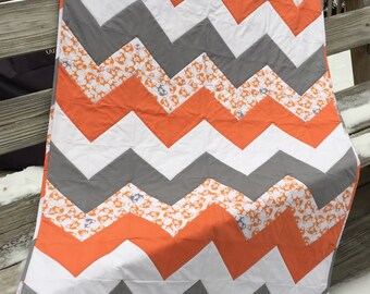 Fox Baby Quilt: Orange, White, Gray Fox Print Chevron Design Nursery Blanket