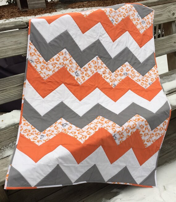 Fox Foxes Orange Grey White Chevron Quilt - Orange And White Chevron Bedding Fox Foxes Orange Grey White Chevron Quilt - Orange And White Chevron Bedding