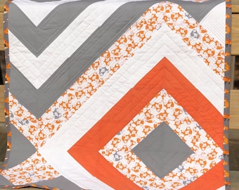 Fox Baby Quilt: Modern Orange Grey Woodland Nursery Blanket