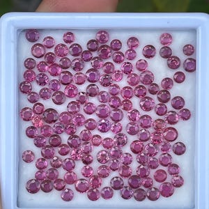 以下が含まれることがあります： 白いプラスチック容器に収められた、小さくて丸いピンク色の宝石のコレクション。宝石はサイズと色合いがわずかに異なり、薄いピンクから濃いピンクまであります。容器はぼやけた背景に対して保持されています。