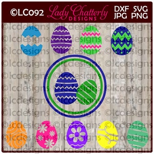 May include: A set of ten digital cut files featuring various Easter egg designs. The eggs are in a variety of colors, including blue, green, pink, purple, yellow, and orange. The designs include stripes, polka dots, swirls, and flowers.